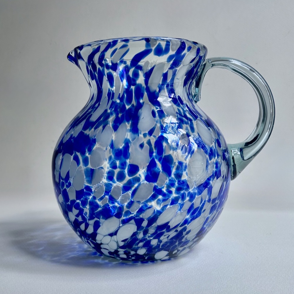 Larger Vintage Hand Blown Blue & White Spatter Handled Glass Pitcher